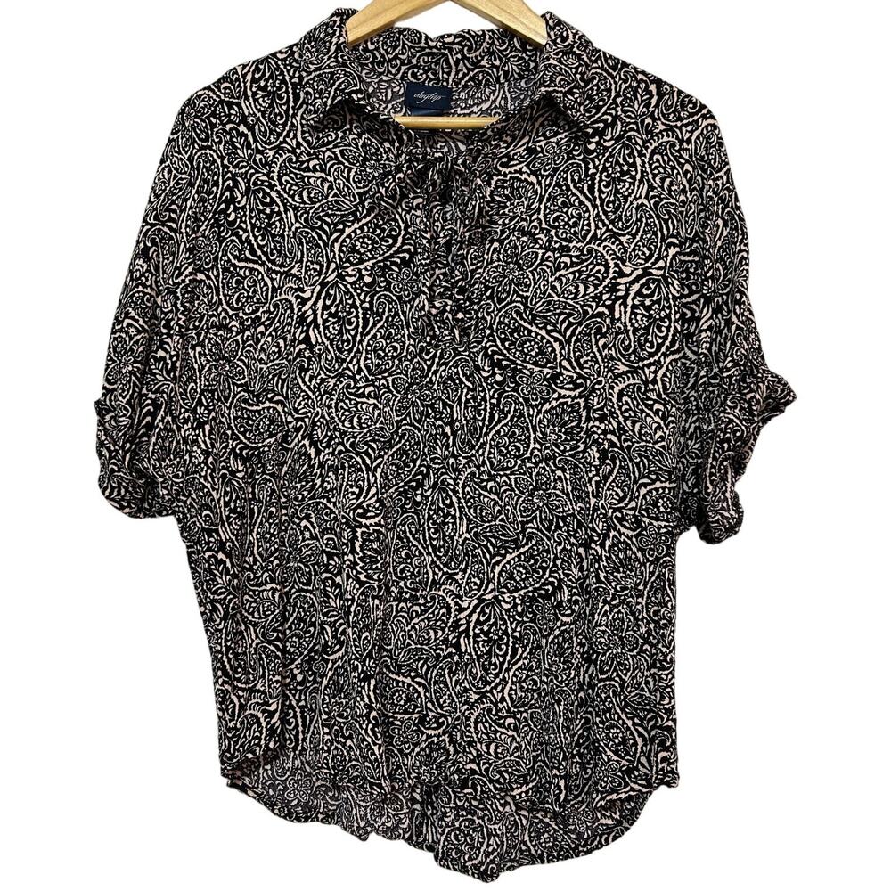 Daytrip Paisley Collared Lace Up Short Sleeve Crepe Top Black White Size M Boho